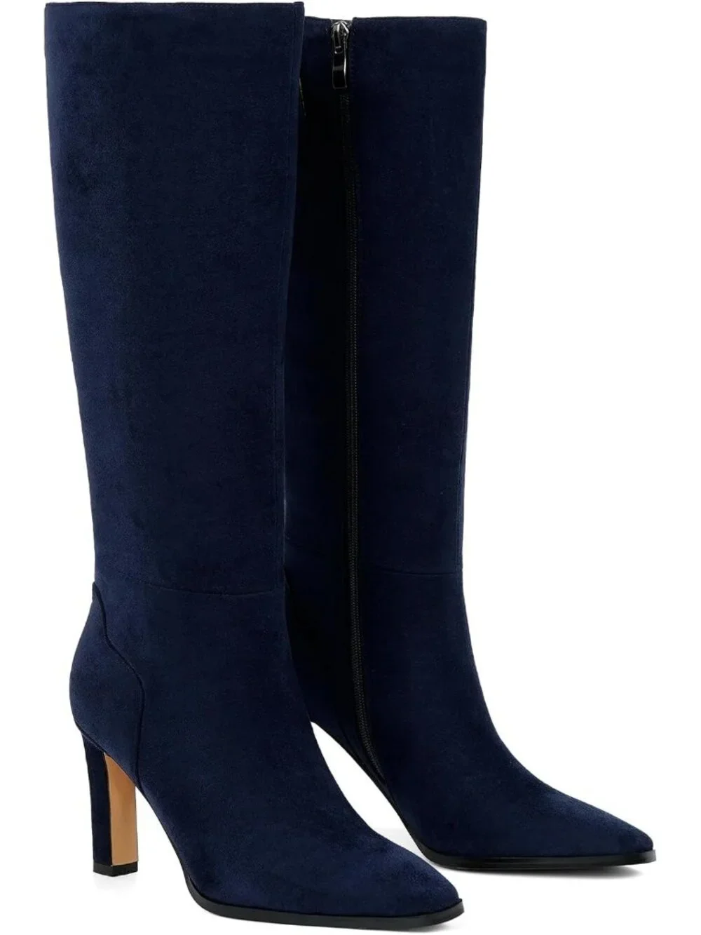 Women's Navy Faux Suede Pointed Square Toe Stiletto Chunky Heel Knee High Boots